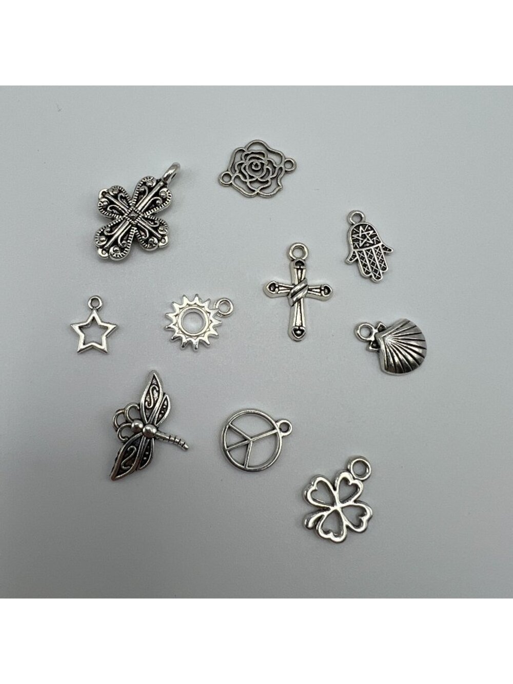 Assorted SilverTone Metal Charms Set - 10 Unique Designs Including Cross Clover